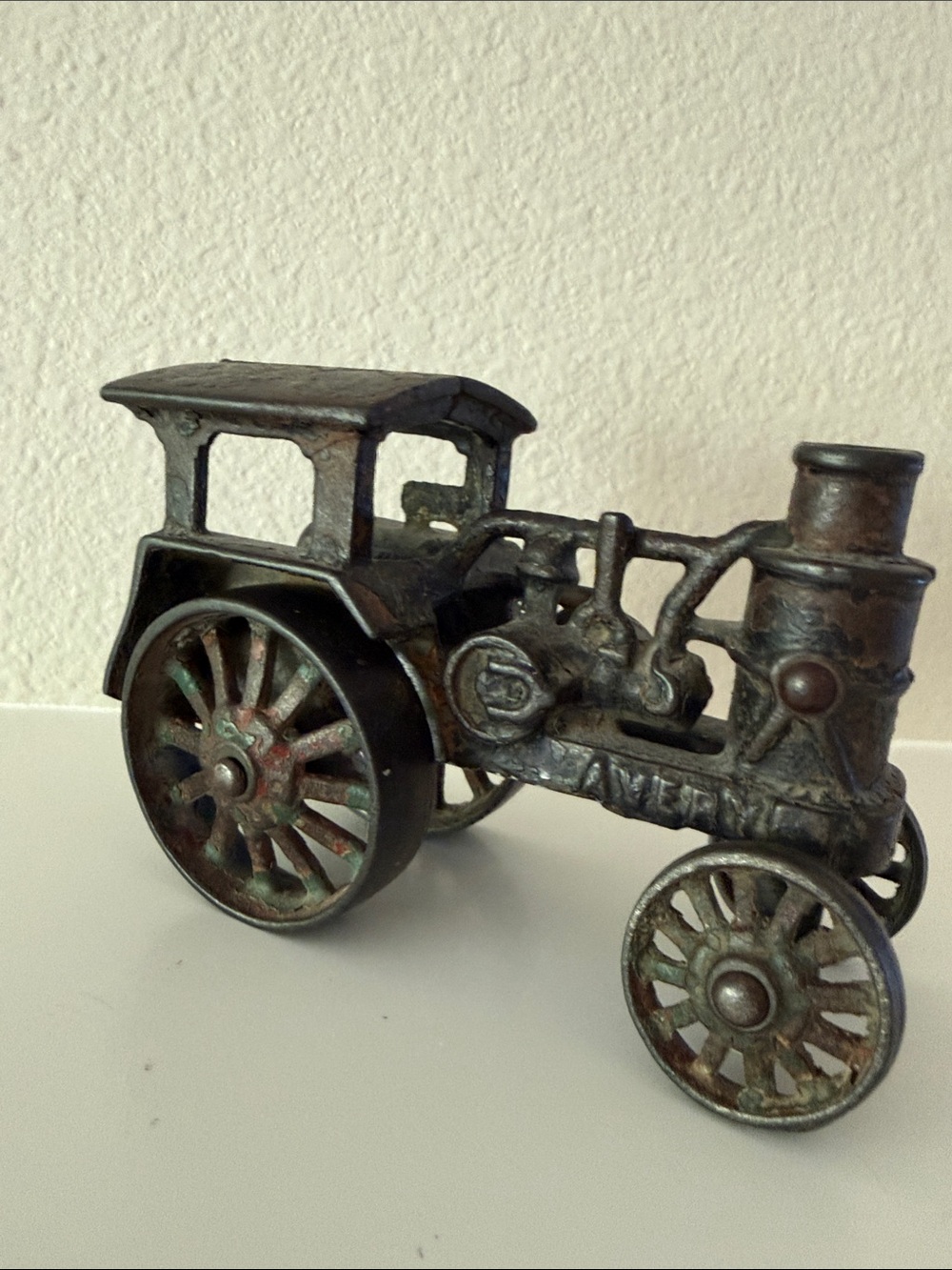 Vintage-style Metal accent Tractor - Green Patina wheels move